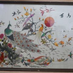 Antique Early 20c Chinese Silk Embroidery Birds Panel Framed - 23"x14"
