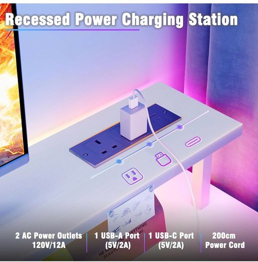 120x50cm Gaming Desk with LED Lights & Power Outlets,White Storage Shelves, Dual Monitor Stand, Home Office & Study, Work from Home, Bedroom, Small Spaces, Dorm, Space-Saving, Students