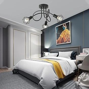 Industrial 3 Way Ceiling Light Chandelier Semi-Flush Mount E14 Base Black Metal Caged 3 Lights Ceiling Light Fixture for Bedroom Living Dining Room Hallway(Bulbs not Include)