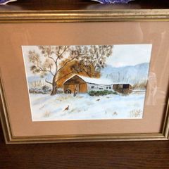 Framed Watercolor Pheasant in the Snow