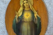 Vintage Oval Wooden Wall Plaque of the Immaculate Heart of Mary