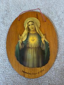 Vintage Oval Wooden Wall Plaque of the Immaculate Heart of Mary