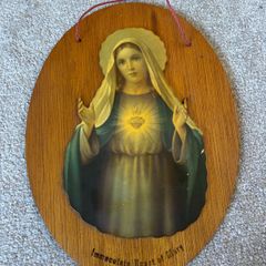 Vintage Oval Wooden Wall Plaque of the Immaculate Heart of Mary