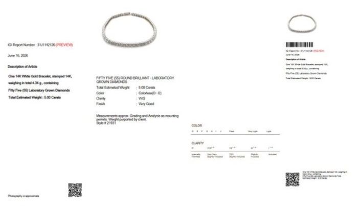 5ct IGI Certified Lab-Grown Diamond Tennis Bracel