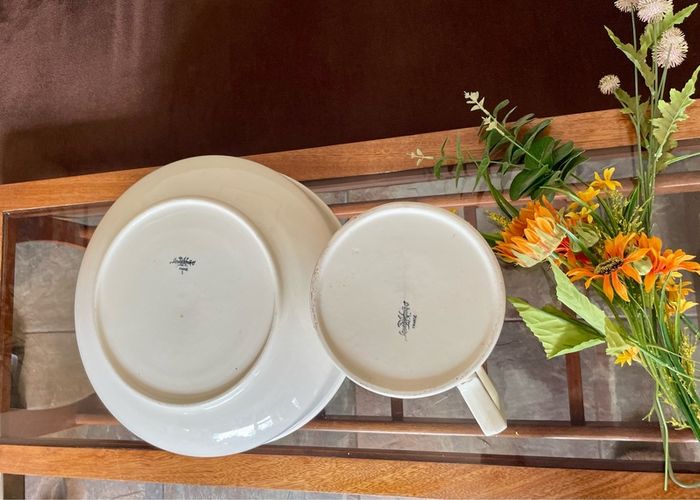 Large Sarreguemines France Ivory Washbasin and Jug Art Deco 1920s to 50s