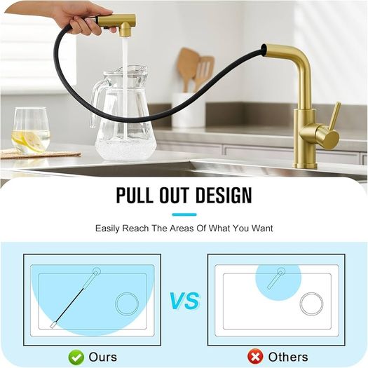 3 Function Sprayer Pull Out Kitchen Mixer Tap - 360 Swivel Single Handle Sink Tap for Bathroom or Kitchen - Gold