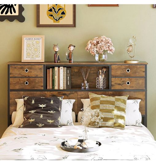 Double Bed Headboard with Storage, Freestanding Headboard with 4 Fabric Drawers & Shelves, Adjustable Bed Frame Connectors, Bedroom Storage Headboard