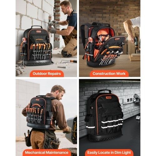 Tool Backpack, 64 Pockets, Heavy-duty Tools Storage Organizer Work Bags with Laptop Compartment & Molded Base, Electrician Jobsite Backpack for Electrician, Repairman, and HVAC Techs