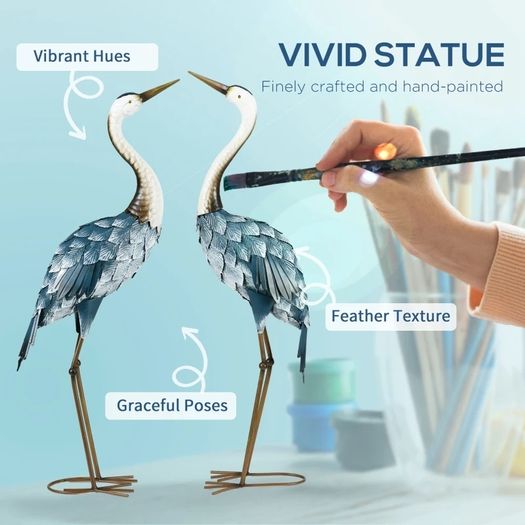 Crane Garden Ornaments, 2 PCS Garden Statue Set, Steel Garden Gifts for Patio Pond Landscape Decoration, Multi-Colour