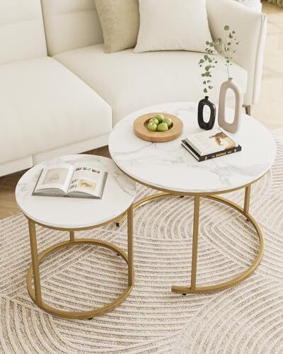 Round Coffee Tables, Removable Set of 2 End Table, Nesting Tables with Gold Metal Frame Legs and Marble White Top for Living Room, Bedroom, Office, Balcony, Apartment (White)