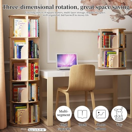 Rotating 360 Hexagonal Children's Bookcase  Tall Floor Standing Corner Book Shelf Storage Rack for Home Living Room Office (4 Tier)