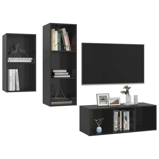 3 Piece TV Cabinet Set High Gloss Black Chipboard