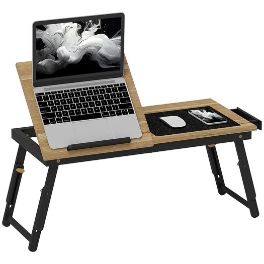 Foldable and Adjustable Bed Table, Bamboo Bed Laptop Top - Tiltable Top, Drawer, Oak