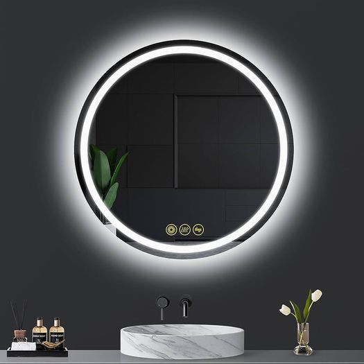 NEW SALE | 600mm Round Bathroom LED Mirror Illuminated Backlit Bathroom Circle Mirror with LED Lights for Wall Touch Switch Demister 3 LED Light Color Dimmable