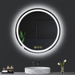 NEW SALE | 600mm Round Bathroom LED Mirror Illuminated Backlit Bathroom Circle Mirror with LED Lights for Wall Touch Switch Demister 3 LED Light Color Dimmable