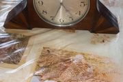 Beautiful Old Walnut Mantel Clock, stepped sunburst side supports