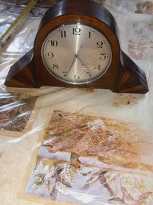 Beautiful Old Walnut Mantel Clock, stepped sunburst side supports