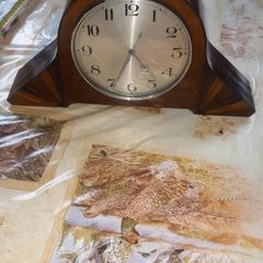 Beautiful Old Walnut Mantel Clock, stepped sunburst side supports