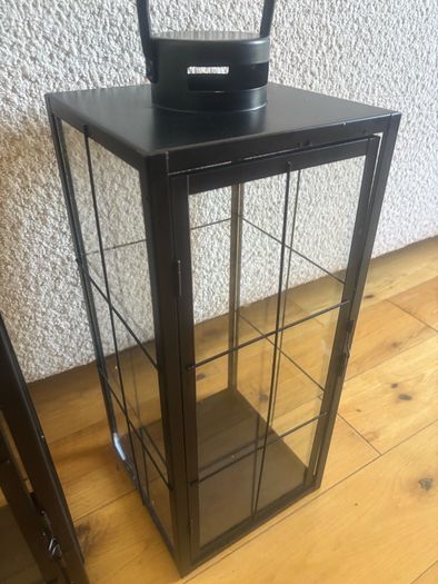 Set of 2 Large Black Metal & Glass Lanterns