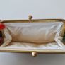 Vintage 1960s black purse with floral pattern pink green lipstick make up brass clasp retro Image 6