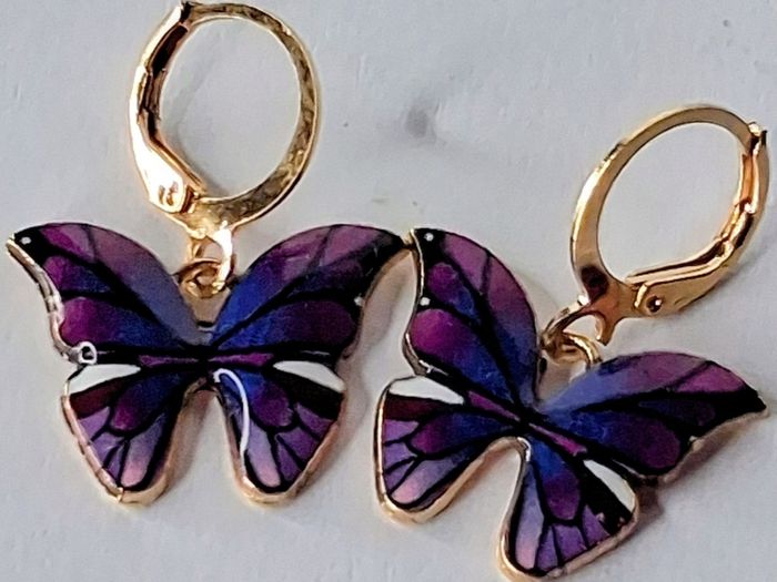 Mini Hoop Purple Butterfly Drop Earrings