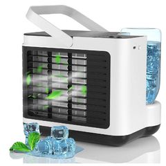 Mini Mobile Air Conditioner, 4 in 1 Small Air Cooler USB Air Cooler Humidifier with Water Tank, 2 Modes 3 Speeds with Night Light, Portable Air Conditioner for Room and Office, White