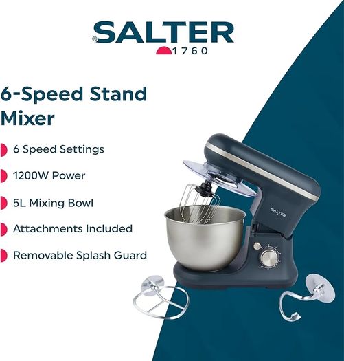 Baking Stand Mixer - 6 Speed Kitchen Mixer With Pulse, 5L Stainless Steel Mixing Bowl, Removable Splash Guard, Whisk, Dough and Beater Attachment, 1200W, Blue/Grey