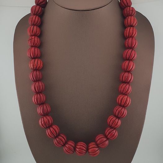 Antique African Red Melon Shape Big Glass Beads Necklace Strand
