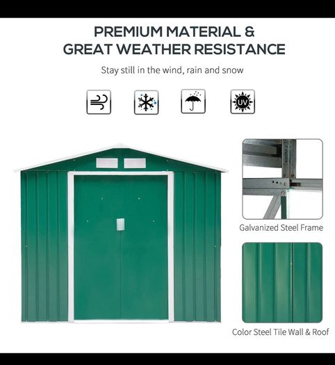 NEW SALE | 7ft x 4ft Lockable Garden Shed Large Patio Roofed Tool Metal Storage Building Foundation Sheds Box Outdoor Furniture, Green