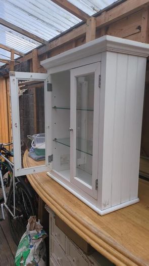White Wood Double Glass Door Wall Cabinet - Glass Shelves, Chrome Knobs - Bathroom or Kitchen
