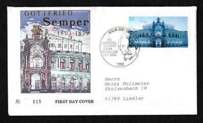 2003 Germany Bicentenary of Gottfried Semper Commemorative Stamps First Day Cover (FDC)