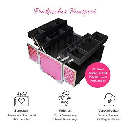 Large Professional Cosmetics Case, 35 x 22 x 36 cm, Black Carbon Robust Aluminium Nail Case, Beauty Case with Lots of Storage Space, Foldable Compartments Distributed on Two Levels, Easy to Clean