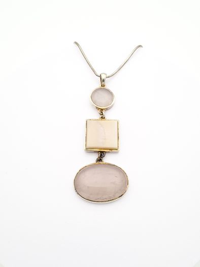 925 Vintage Sterling Silver Rose Quartz & Mother Of Pearl Necklace