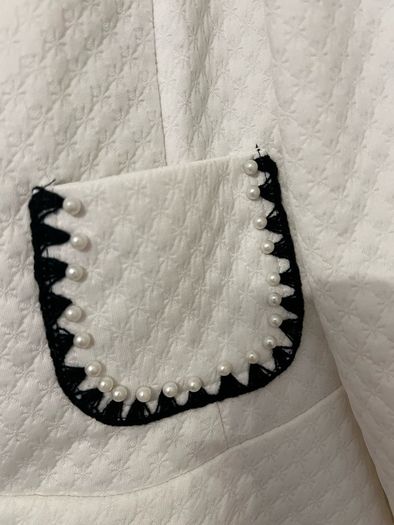 White blazer with black and pearl trim, size M