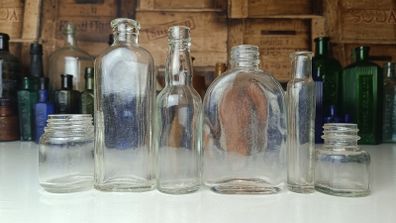 494 - Set of 6 Vintage Clear Glass Screw Cork Top Collectible Decorative Bottles and Jars
