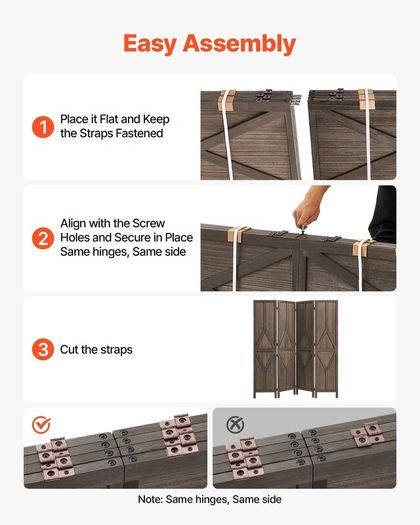 Wood Room Divider 4 Panels Wood Folding Privacy Screen Y Pattern, For Room Separation & Home Decor,1702 mm Tall, Solid Frame, 360 Two-Way Hinges, Rustic Wooden Partition with Hardware
