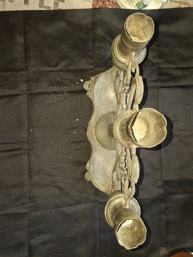 Antique Late 19th early 20th century three light candelabra, with scalloped candle nozzles, scrolling foliate branches and an oval base with chased decoration