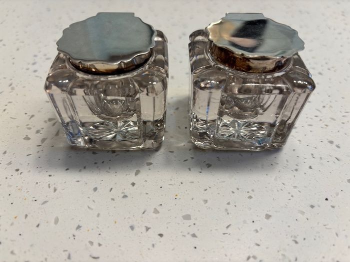 Pair 1912 Sheffield silver top inkwell
