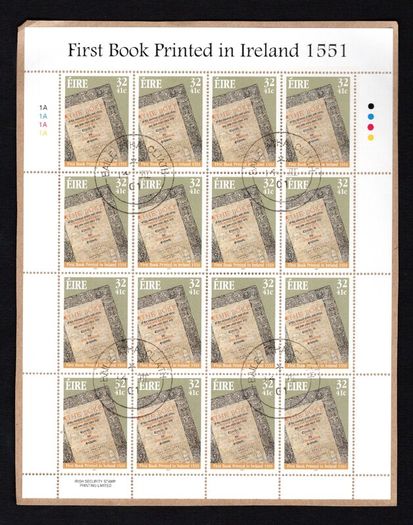 2001 Ireland Literary Anniversaries Stamp Sheetlet (Marsh's Library 1701 & First Book Printed in Ireland 1551) Plate 1A1A1A1A Fine CDS Used with Dublin cancel of 7th August 2007 (First day of issue)