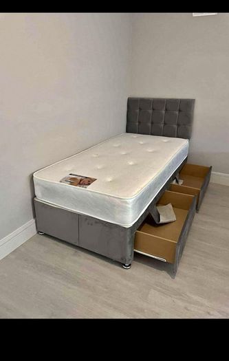 Brand New Stylish single Divan Beds.. Multiple Options Of Headboards. Tufted Memory Foam Mattresses Available. Drawers Storage Available