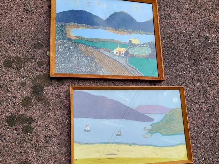 Mid-century pair of framed mixed media/Tweed west of ireland scenes