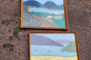 Mid-century pair of framed mixed media/Tweed west of ireland scenes