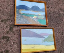 Mid-century pair of framed mixed media/Tweed west of ireland scenes