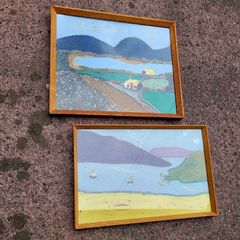 Mid-century pair of framed mixed media/Tweed west of ireland scenes