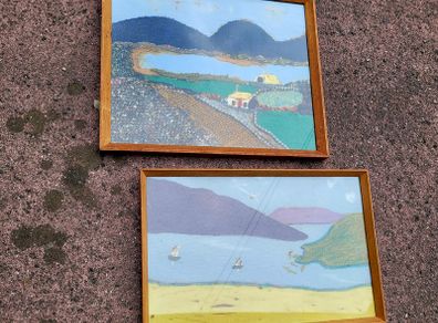 Mid-century pair of framed mixed media/Tweed west of ireland scenes