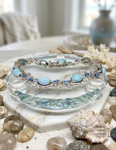 Silver bracelet Larimar & Neon Apatite Cluster Bracelet