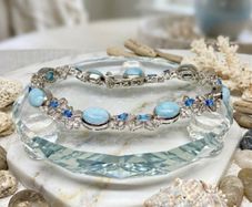 Silver bracelet Larimar & Neon Apatite Cluster Bracelet