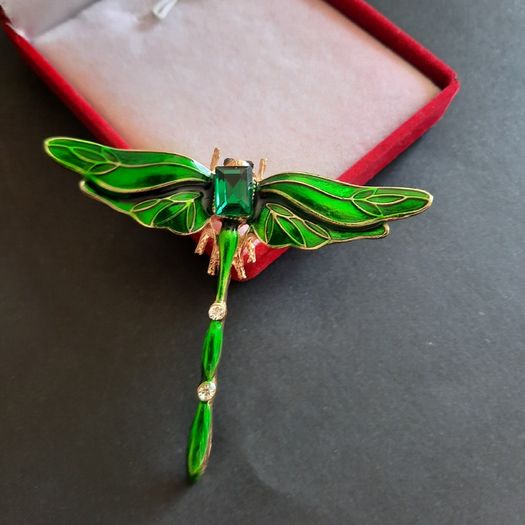 Green Crystal & Enamel Dragonfly Brooch Shawl Pin Badge Insect Fly Bug Vintage Styl