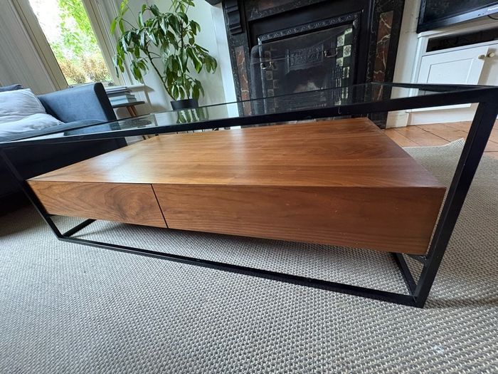 Walnut and glass coffee table