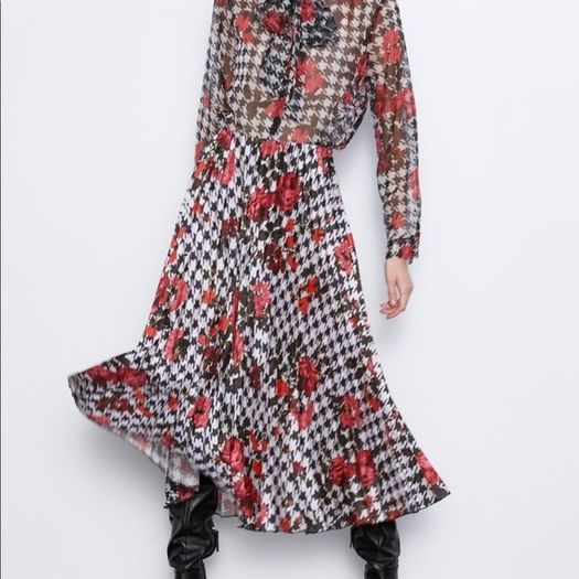 Zara Multicoloured Houndstooth & Floral Print Pleated Flowing Midi Skirt  Xs